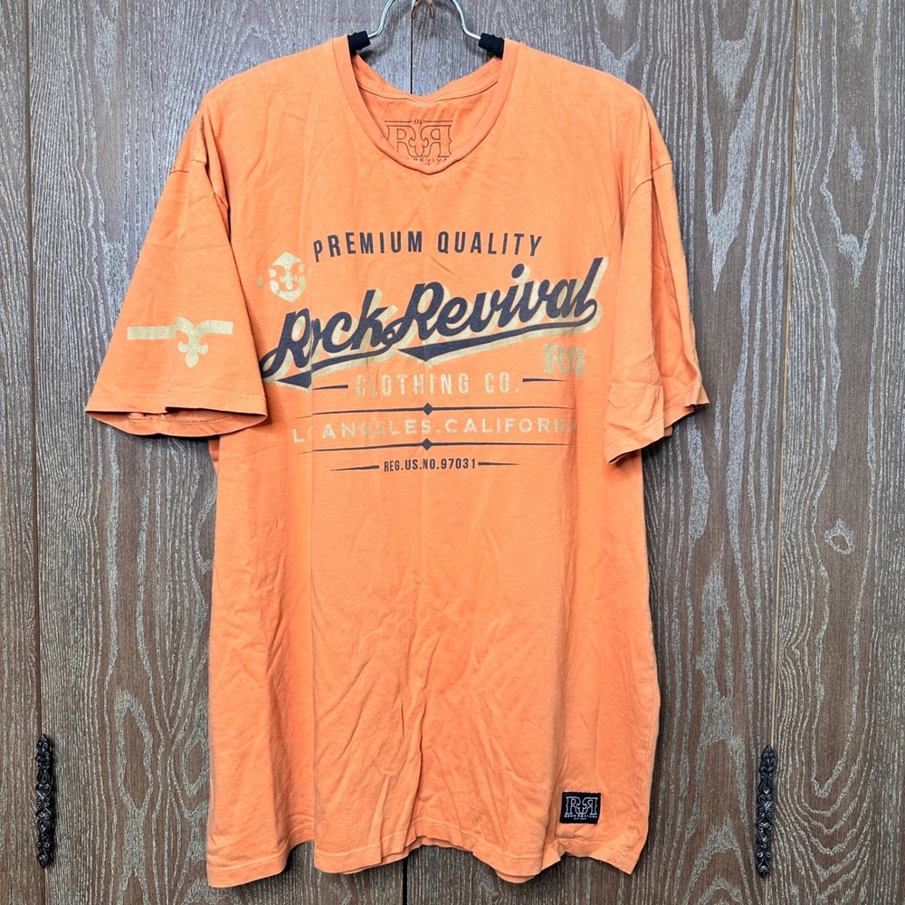 Rock Revival Mens Orange Graphic T-Shirt XXL Premium Quality Los Angeles Cotton